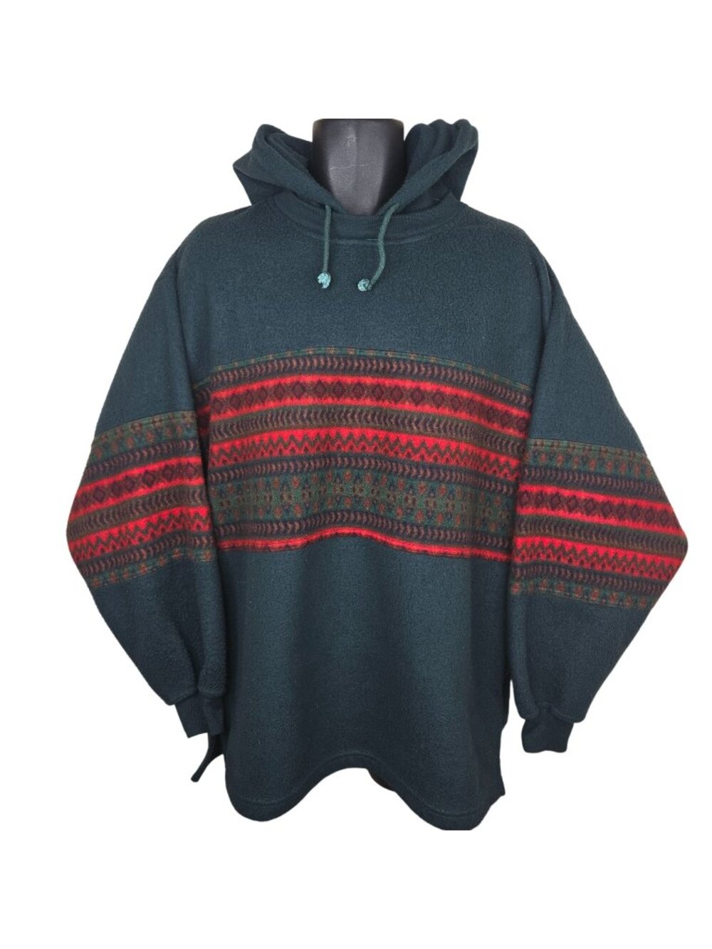 Vintage 90s Bugle Boy Green Hooded Fleece Hoodie Red Stripes Mens Size L